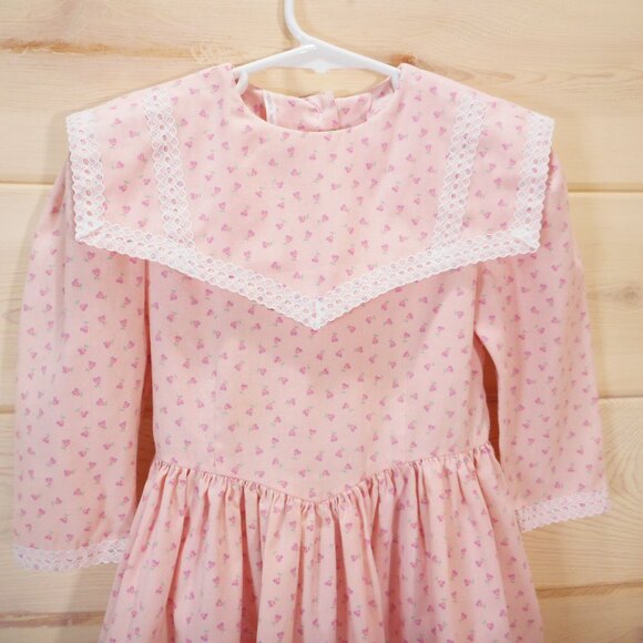 Vintage Handmade Dress Girls Size 5 (approx) Sailor Bib Collar Pink Pansy Floral - Picture 2 of 9